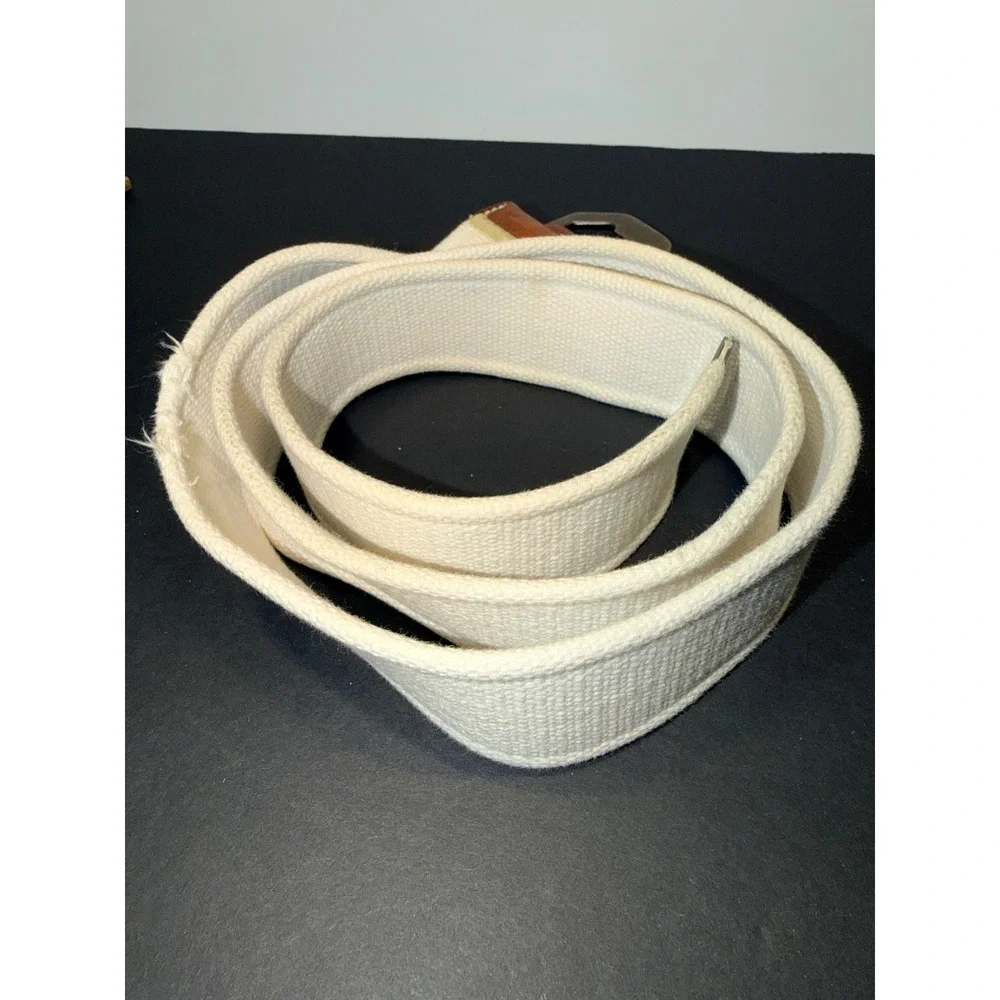 American Eagle Mens Cream Cotton Web Belt Leather Trim Eagle Logo Sz Large